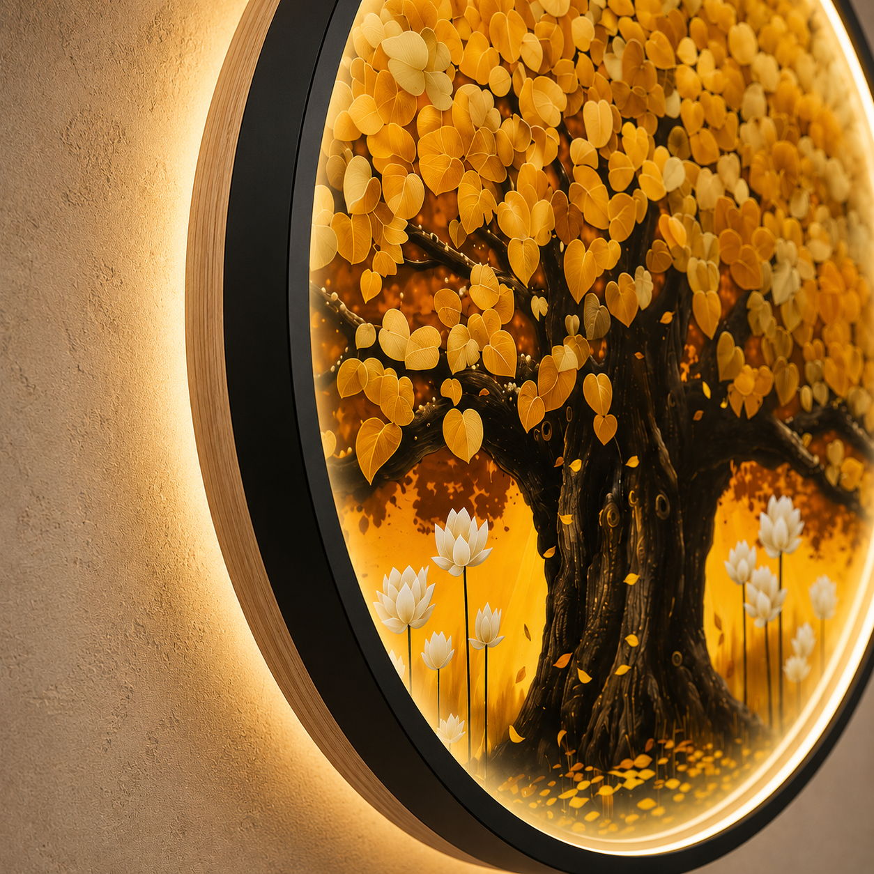 Golden Tree of Life LED Wall Art - Round Wooden Wall Decor with Lotus Flowers & Backlit LED