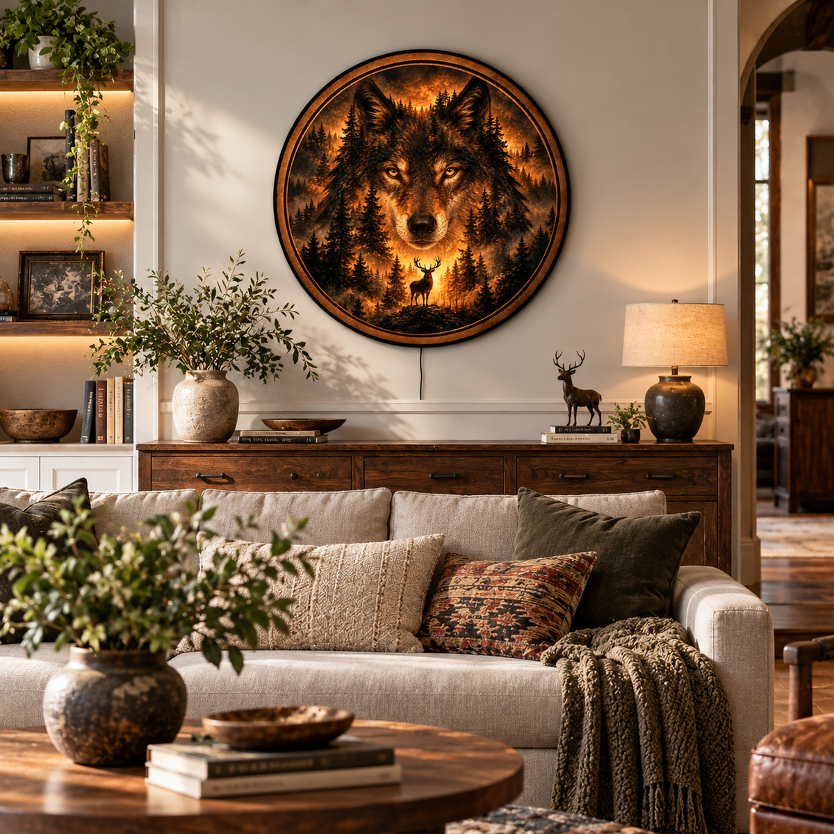 Handcrafted Wolf Spirit LED Wall Art – Mystic Forest Wolf & Stag Wildlife