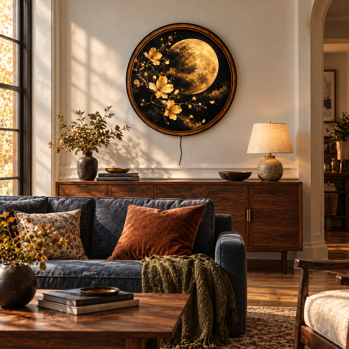 Handcrafted Golden Moon LED Wall Art – Gold Cherry Blossoms, Black & Gold