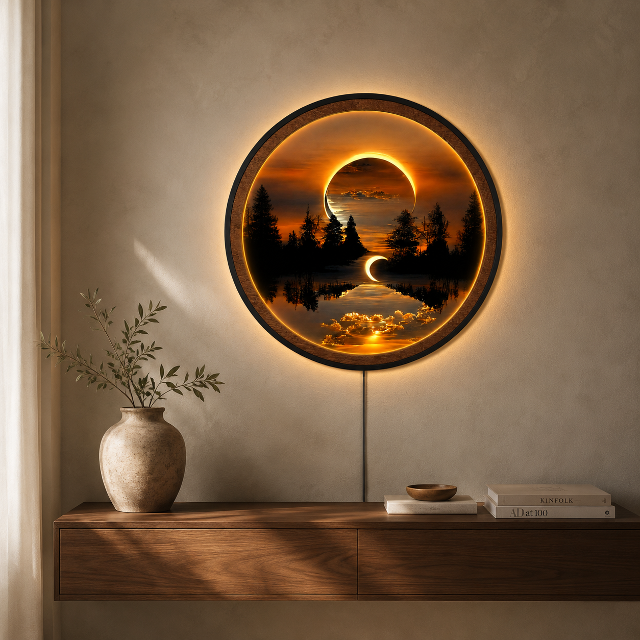 Wood Carved Solar Eclipse Forest Lake LED Wall Lamp | Crescent Moon Night Light Wall Art
