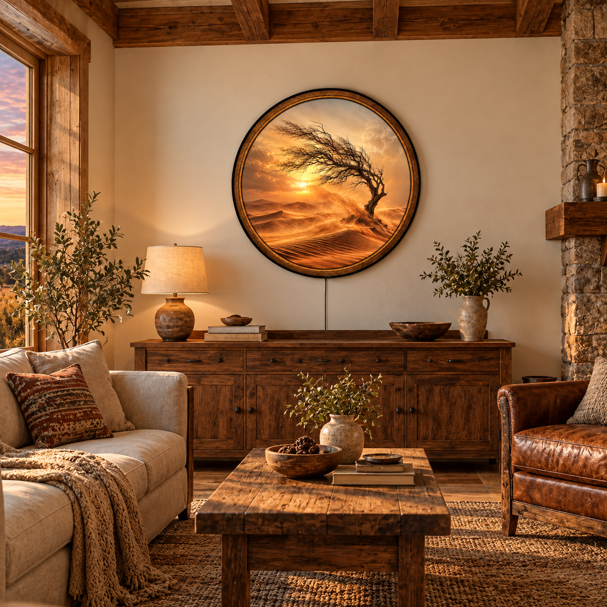 Handcrafted Desert Tree LED Wall Art – Golden Sunset & Windswept Tree, Rustic Nature Landscape