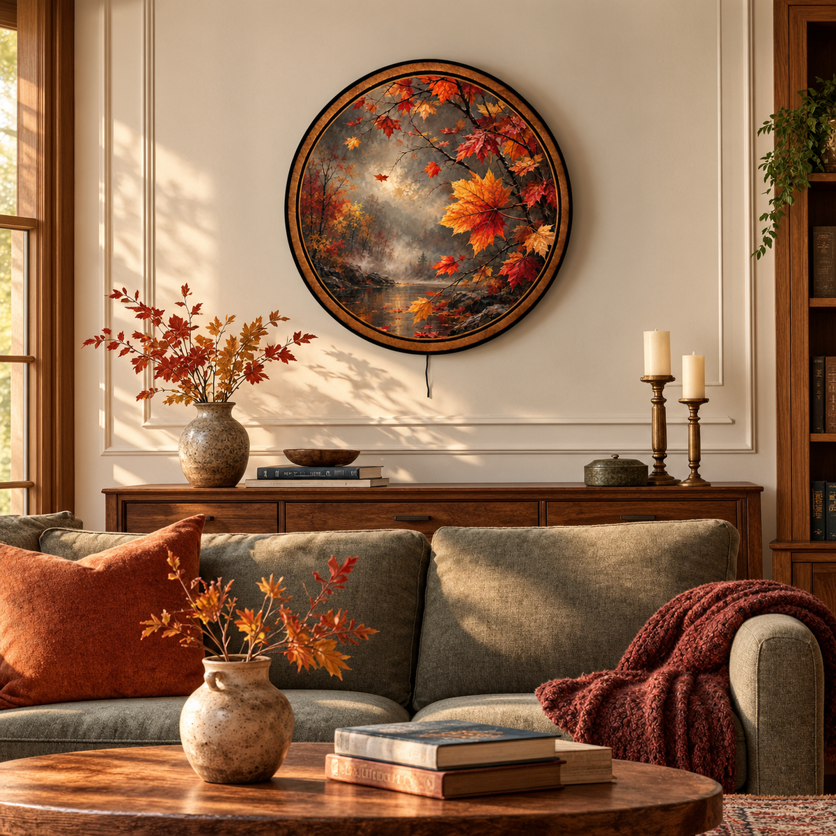Handcrafted Autumn Maple Leaves LED Wall Art – Fall Forest River Landscape, Rustic Nature