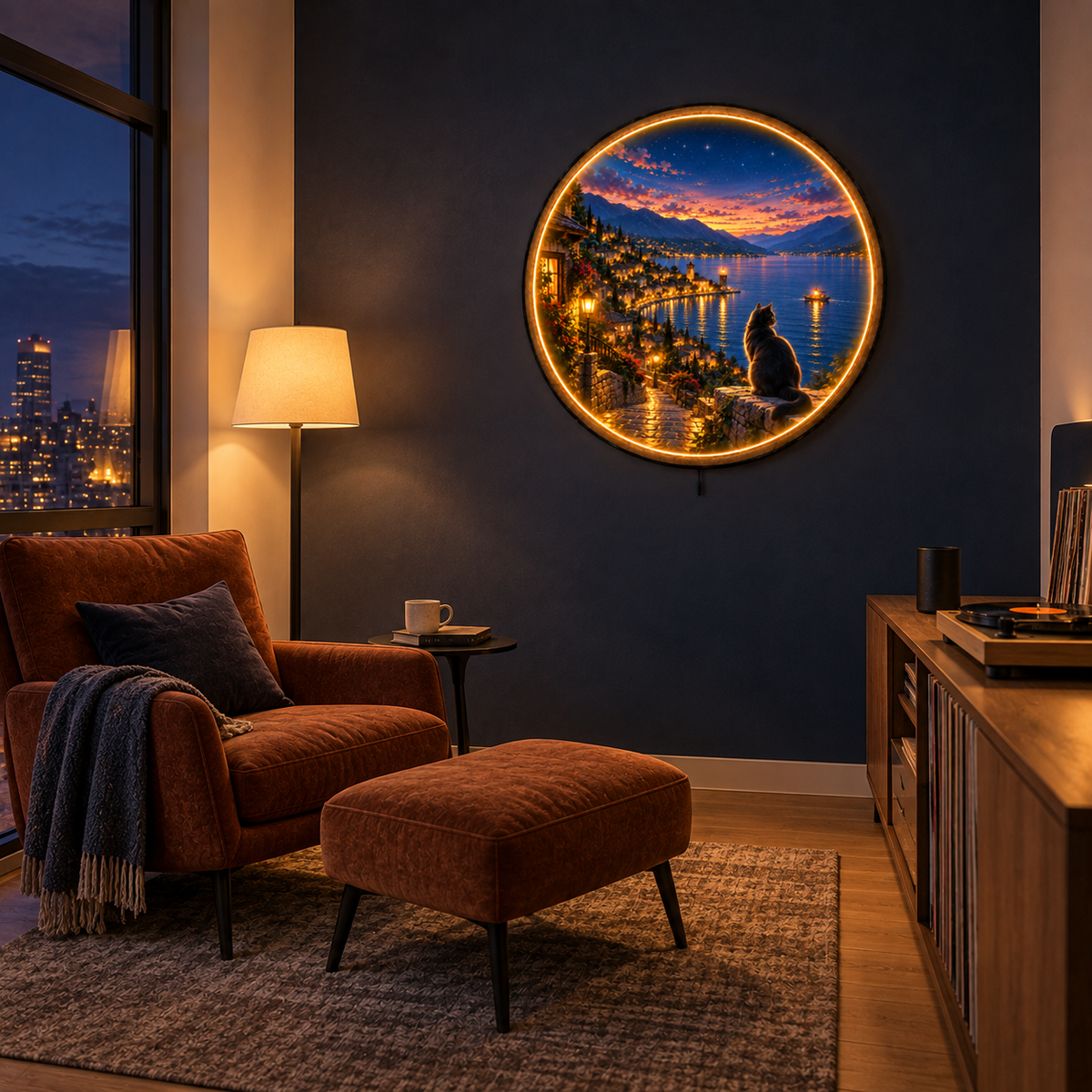 Harborlight LED Wall Art – Black Cat Lakeside Evening Decor