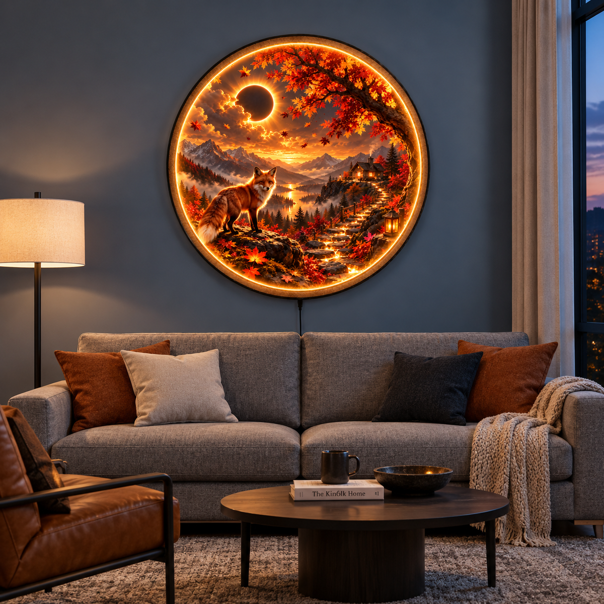 Autumn Eclipse Fox LED Wall Art – Mountain Fall Landscape