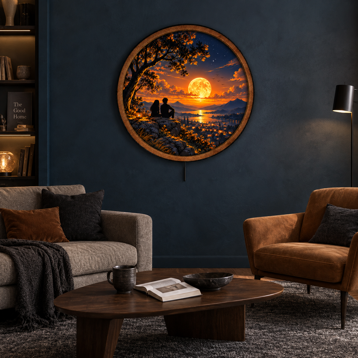 Golden Moon Lovers LED Wall Art – Romantic Sunset Landscape Decor