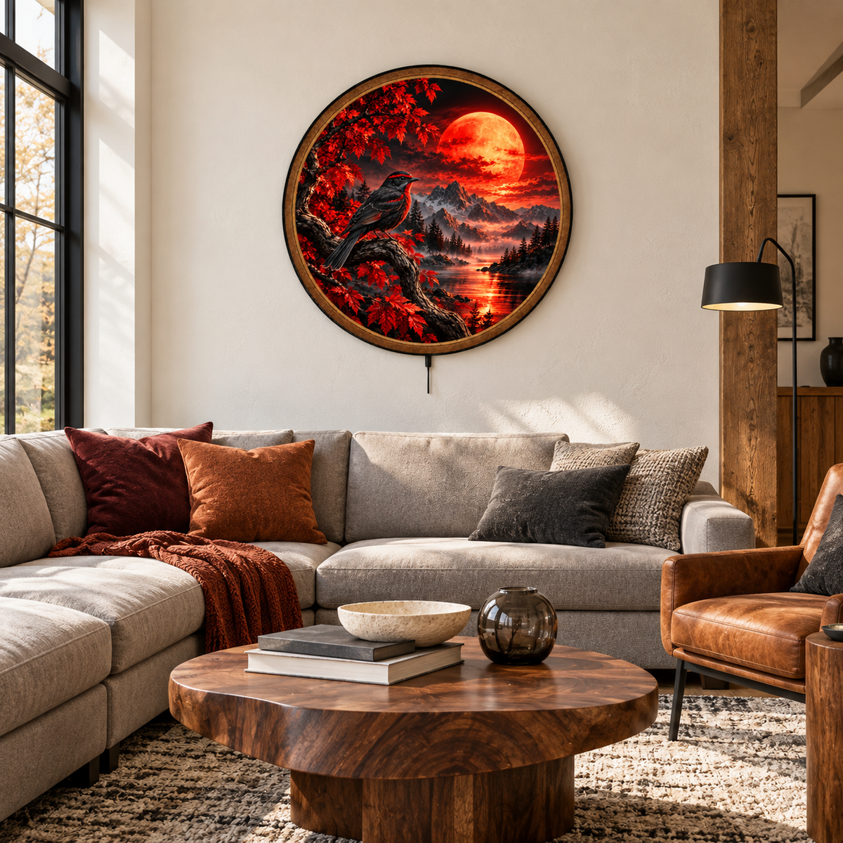 Crimson Moon Songbird Mountain Circular LED Wall Art