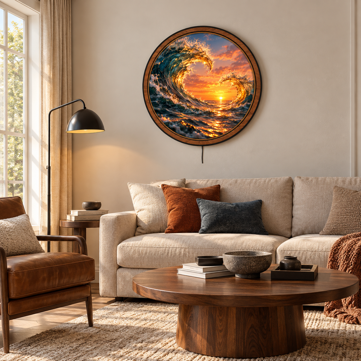 Golden Twin Waves Sunset Circular LED Wall Art