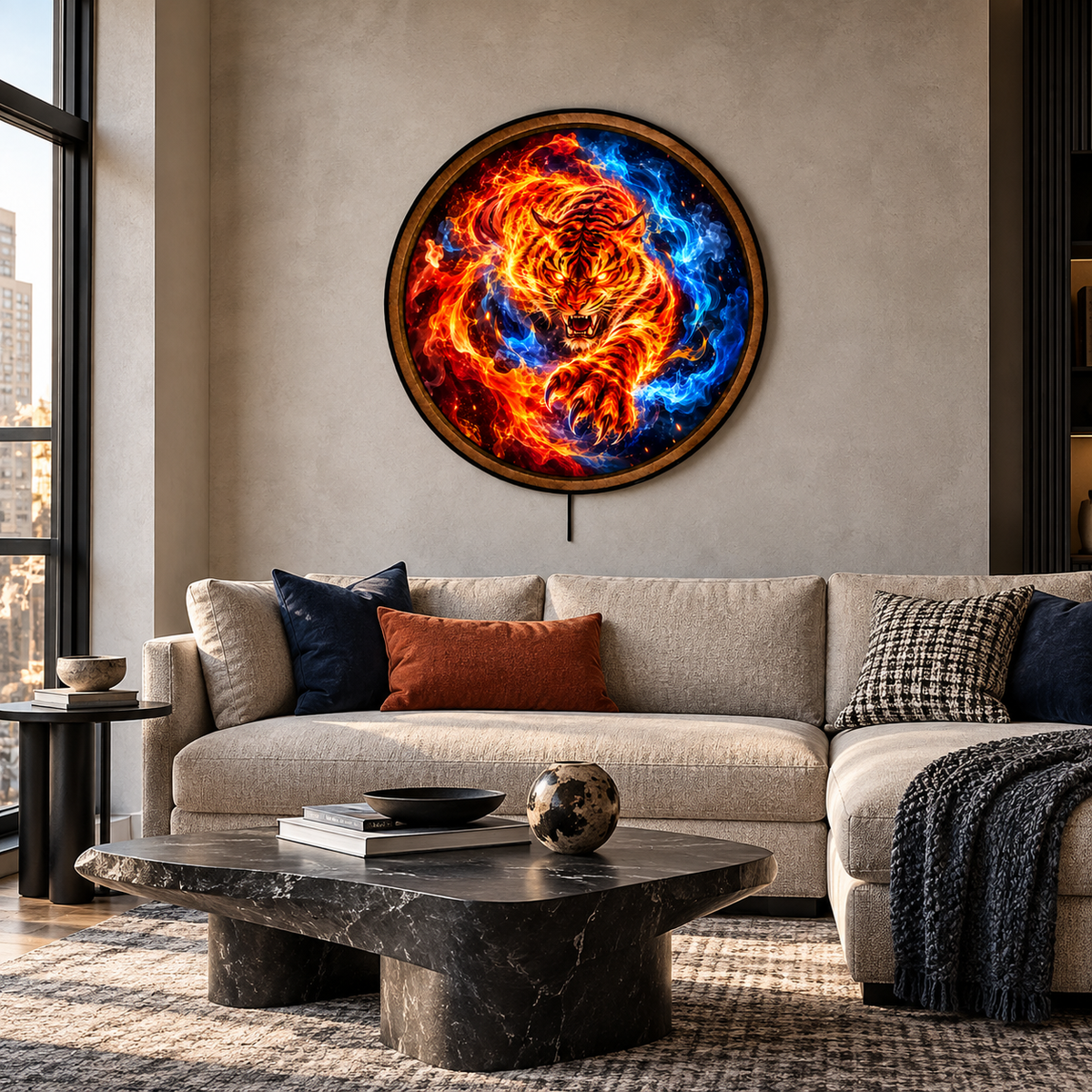 Blazing Tiger – Fire & Ice Fantasy Round LED Wall Art