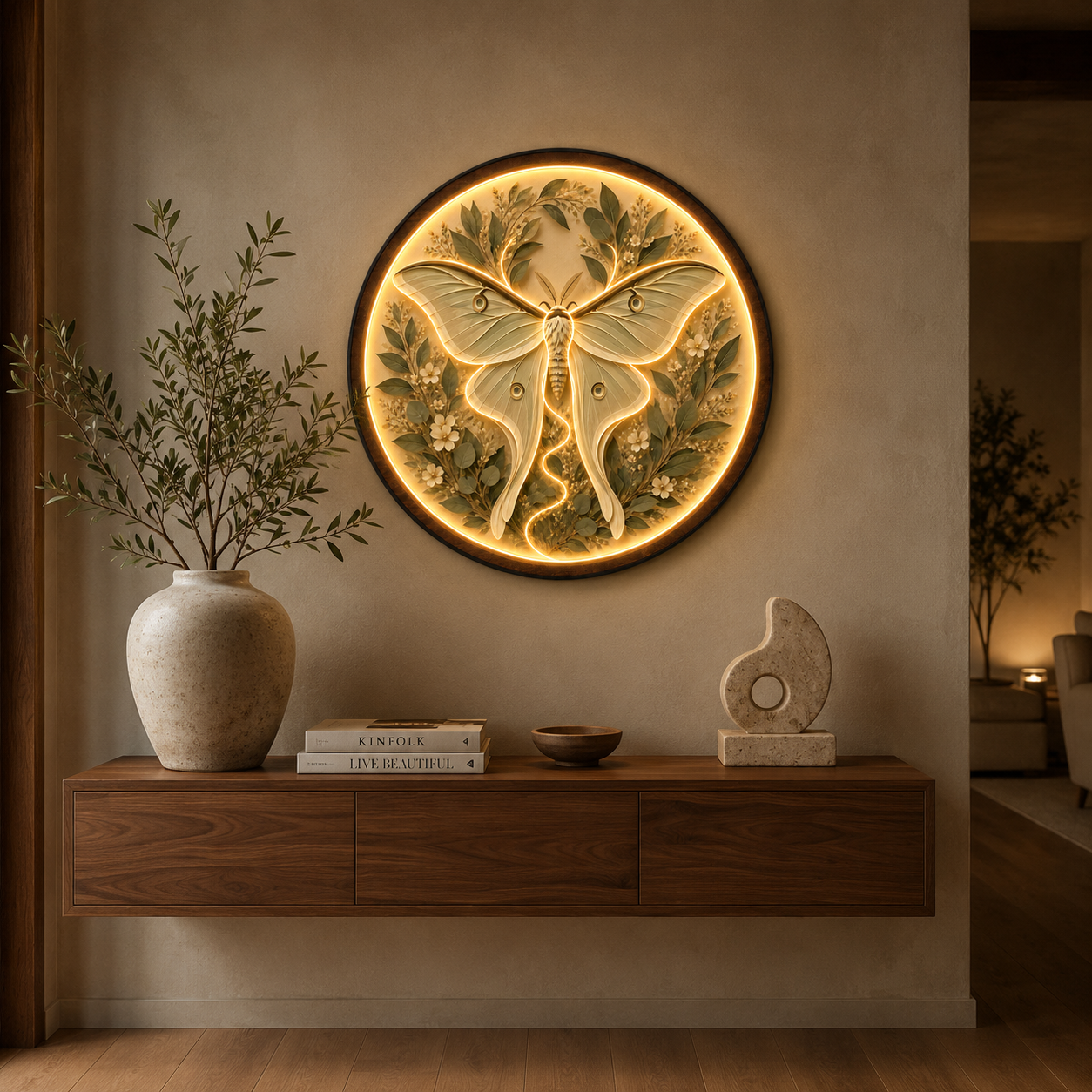 Moonlit Luna Moth LED Wall Art – Round Wooden Botanical Light Decor