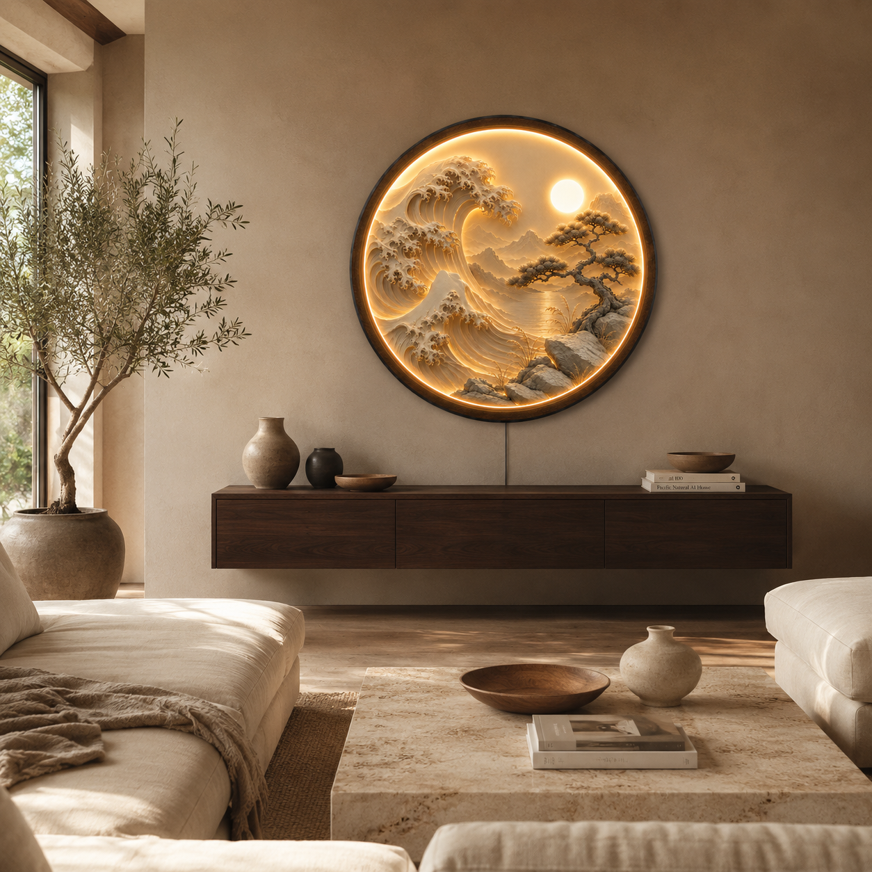 Japanese Wave & Bonsai LED Wall Art – Round Illuminated Acrylic Decor