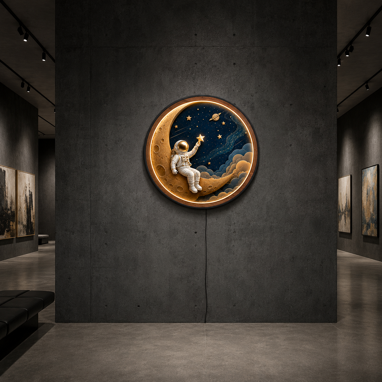 Dream Explorer LED Wall Art | Astronaut on Crescent Moon Round Illuminated Wall Decor | Warm LED Ambient Light
