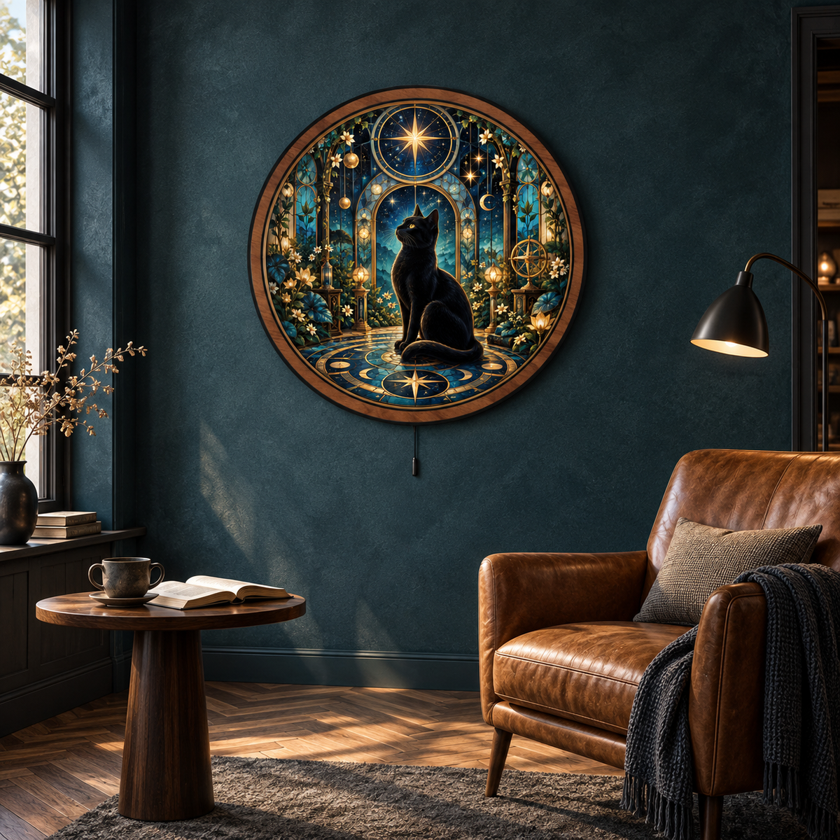 Midnight Astral Conservatory — Black Cat LED Wall Art | Celestial Botanical Lighted Wall Decor