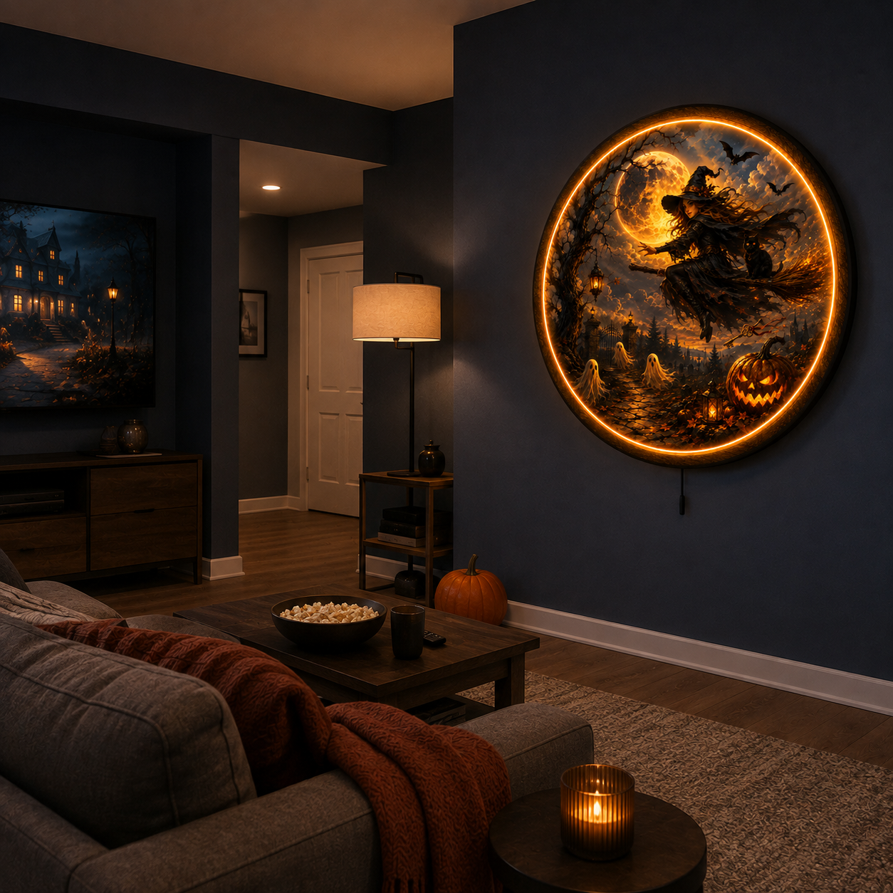 Witching Hour Flight LED Wall Art – Witch, Black Cat & Halloween Decor