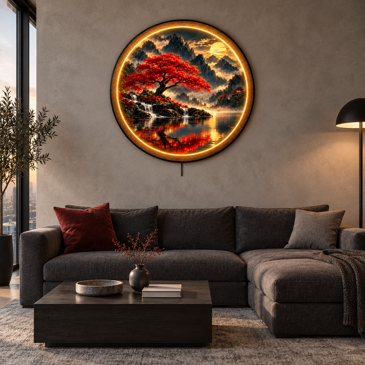 Crimson Serenity LED Wall Art – Red Maple Mountain Decor