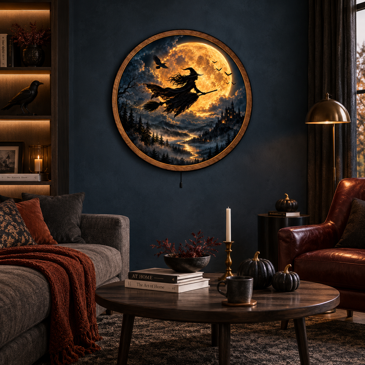 Witch of the Golden Eclipse LED Wall Art – Mystical Moon Decor
