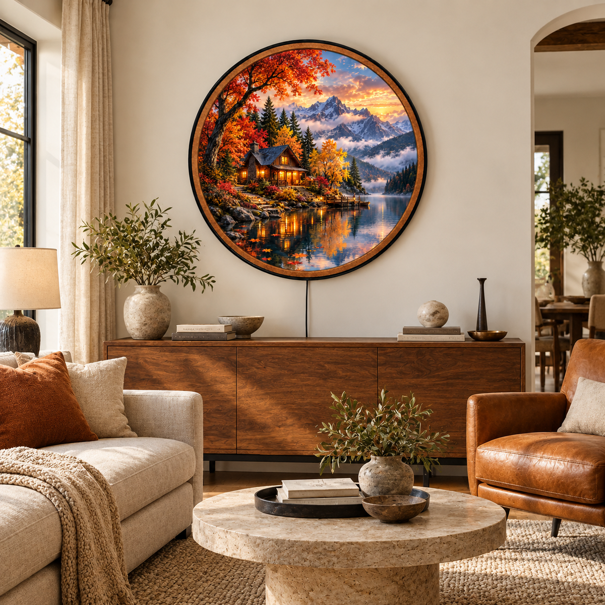Autumn Lakeside Retreat – Handcrafted LED Wall Art | Cozy Mountain Cabin & Fall Landscape Decor