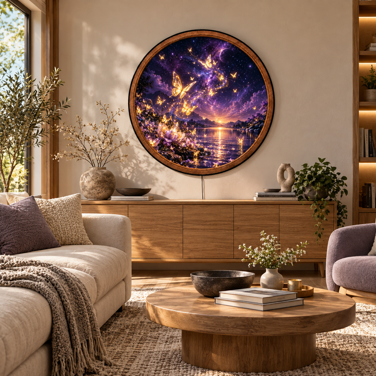 Handcrafted Magical Butterfly LED Wall Art – Purple Galaxy, Golden Butterflies & Enchanted Lake Decor