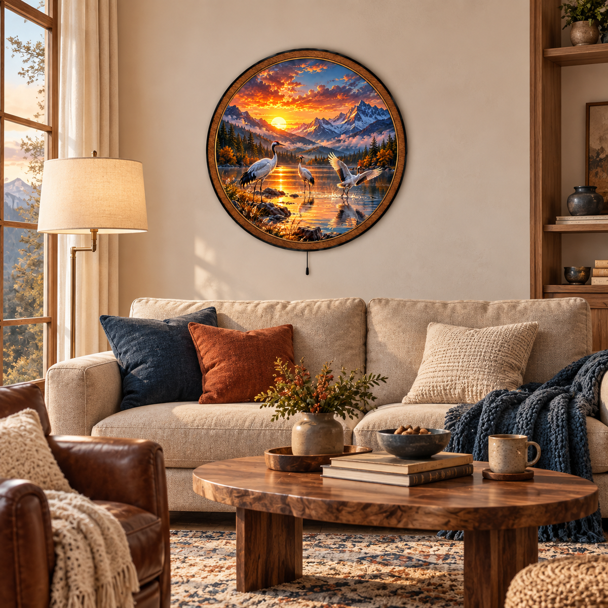 Handcrafted Golden Crane Mountain Sunset LED Wall Art