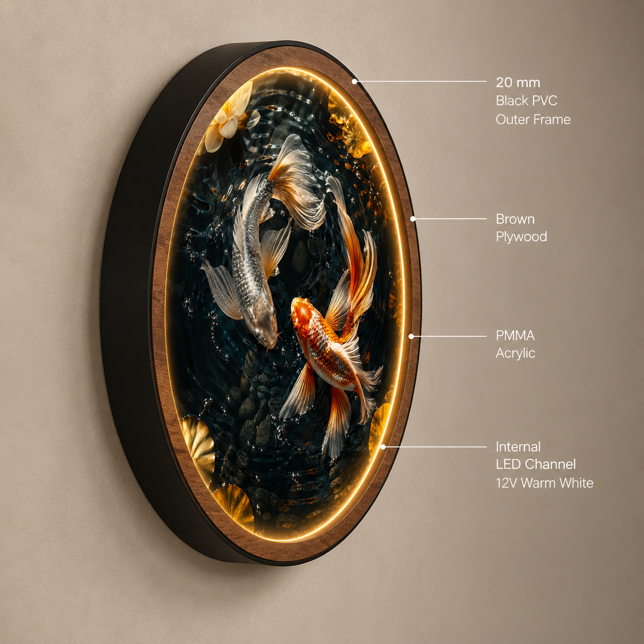 Yin Yang Koi Fish LED Wall Art | Round Illuminated Zen Wall Decor with Remote | Warm Ambient Light