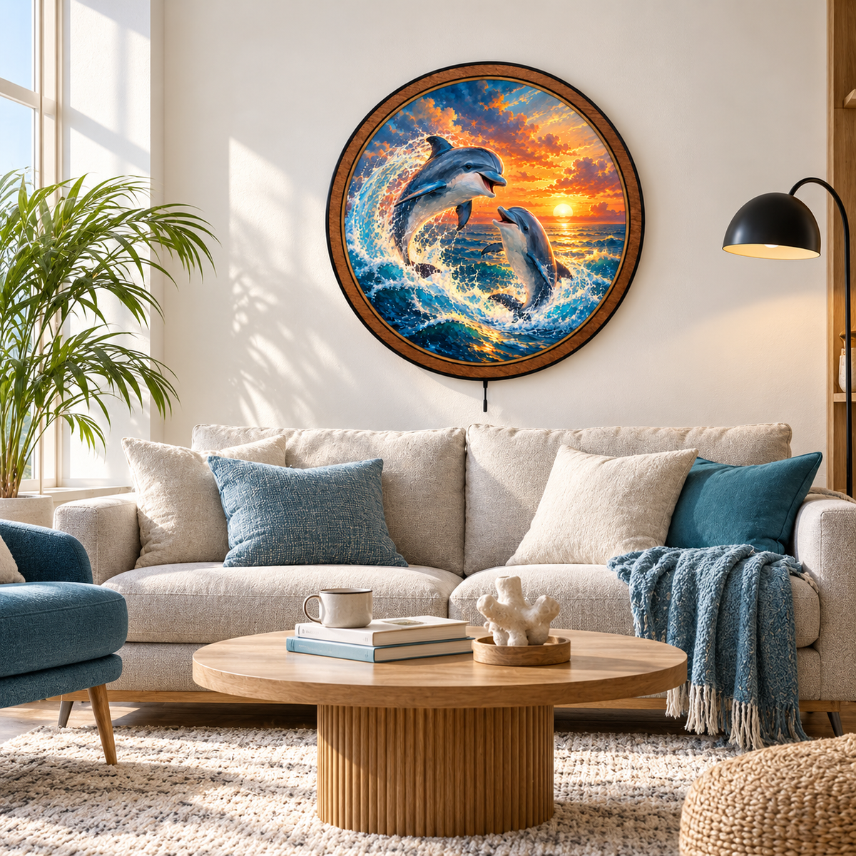 Dolphin Sunset Ocean Waves Circular LED Wall Art