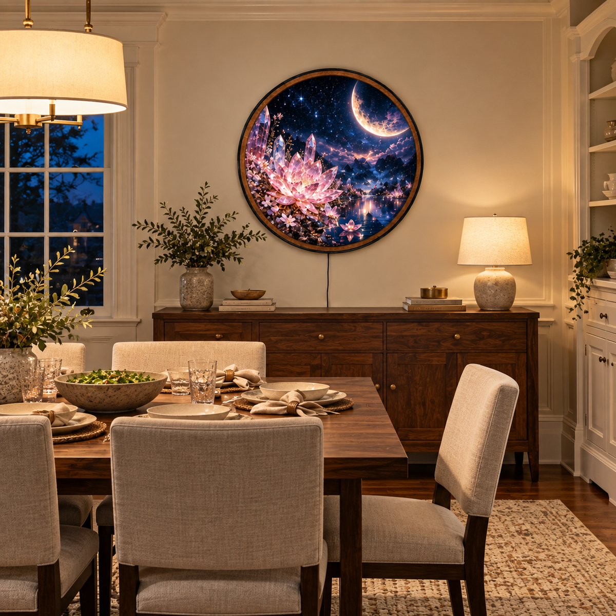 Moonlit Crystal Blossom – Handcrafted Round LED Wall Art