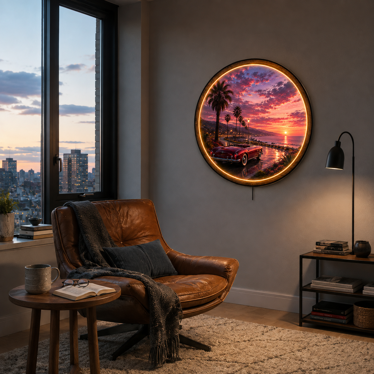 Pacific Sunset Drive LED Wall Art – Classic Car Coastal Decor