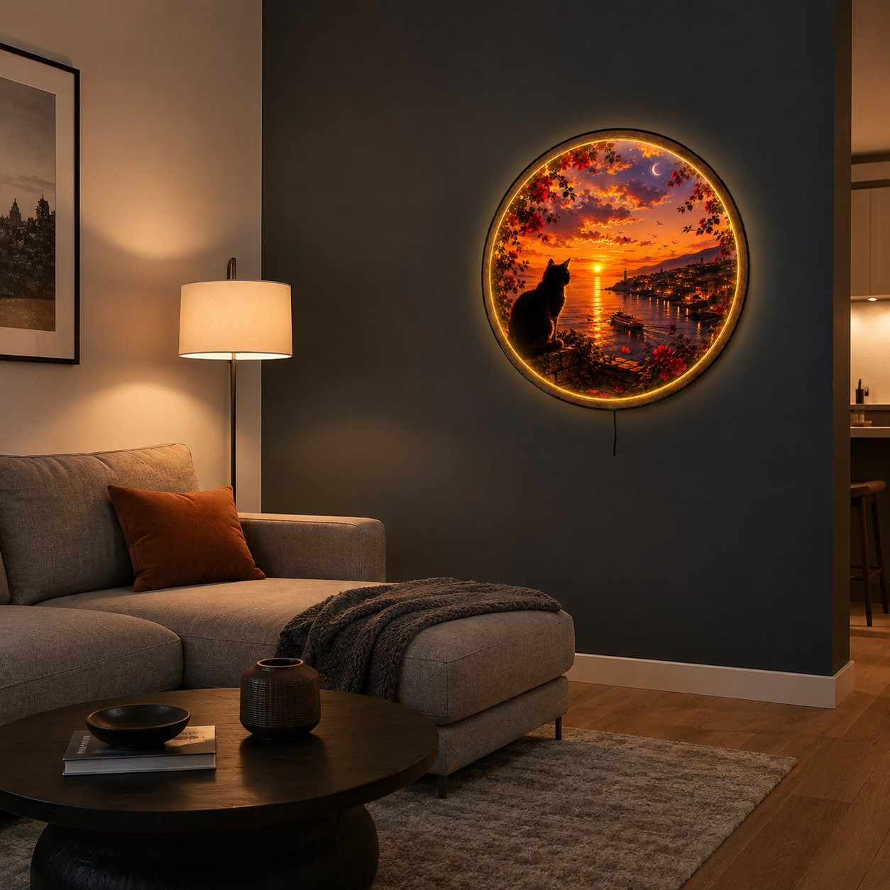 Sunset Watcher LED Wall Art – Black Cat Coastal Sunset Decor