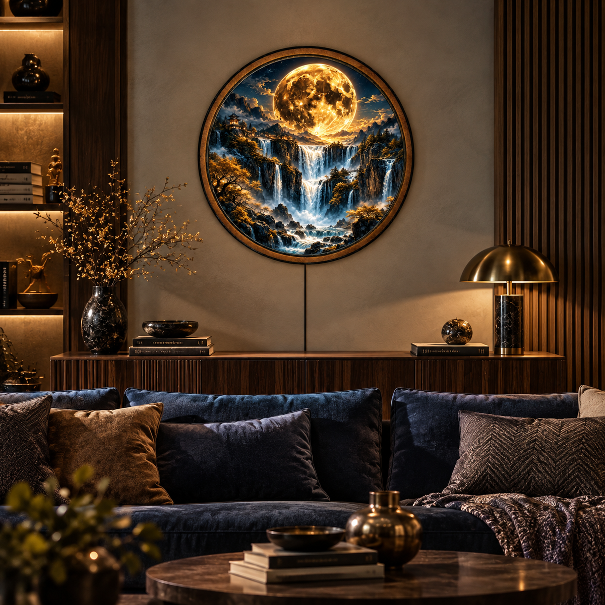 Handcrafted Golden Moon Waterfall LED Wall Art – Mystical Mountain Landscape