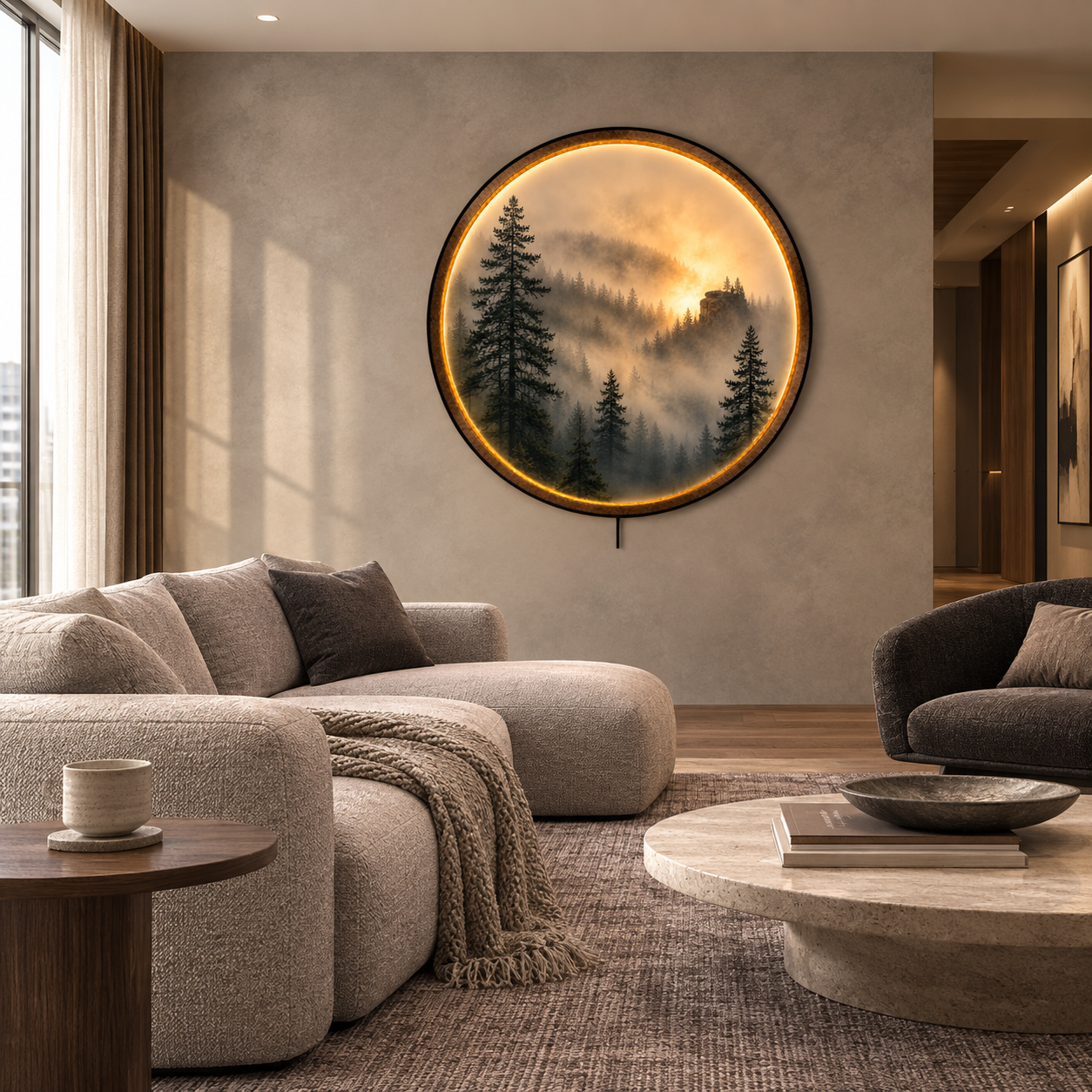 Golden Mist Forest LED Wall Art – Illuminated Nature Wall Decor