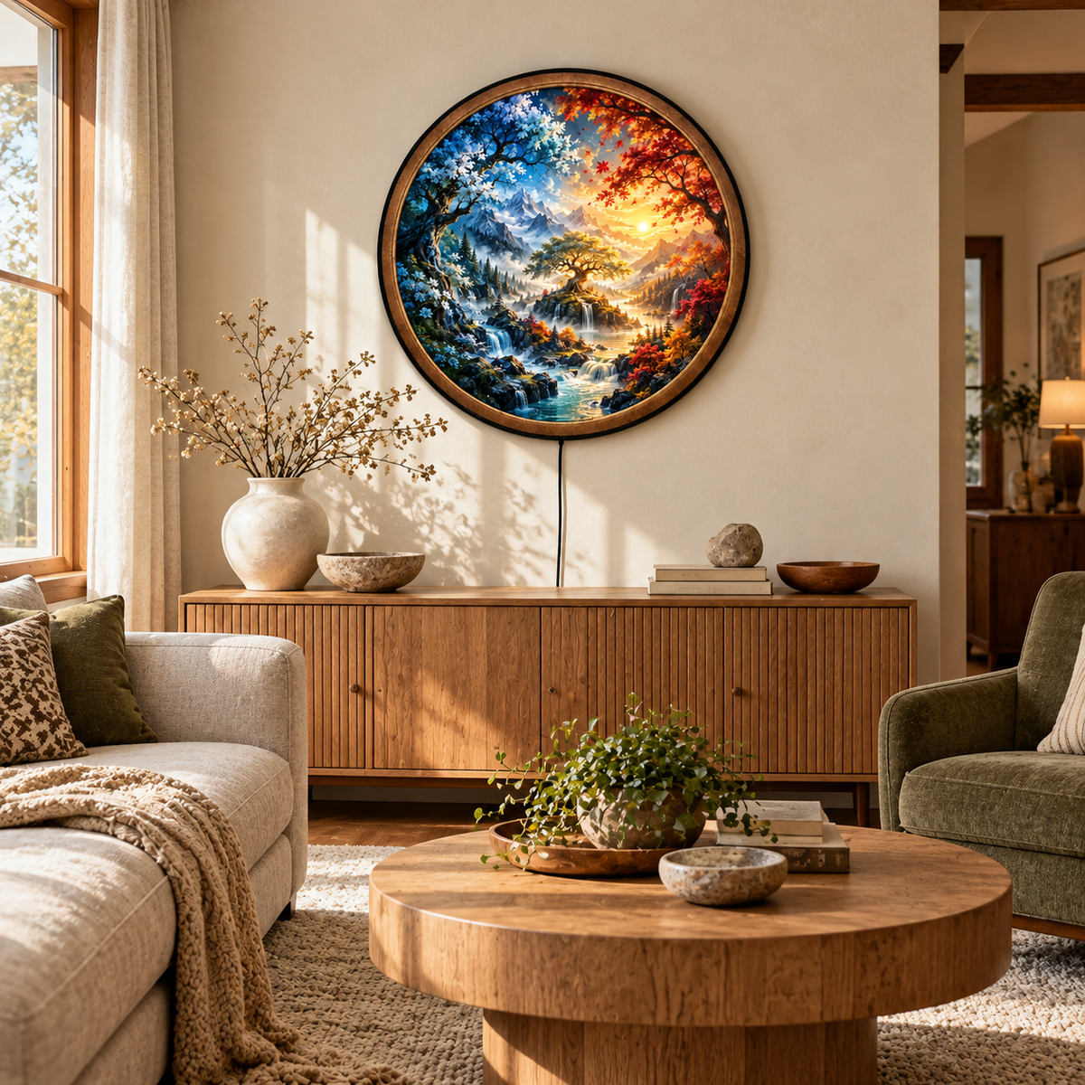 Handcrafted Four Seasons Tree LED Wall Art – Spring & Autumn Mountain Waterfall