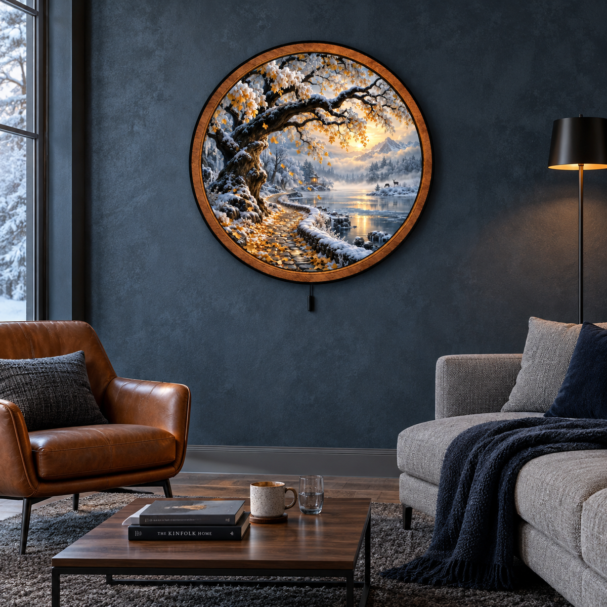 Golden Winter Path LED Wall Art – Snowy Mountain Lake Landscape Decor