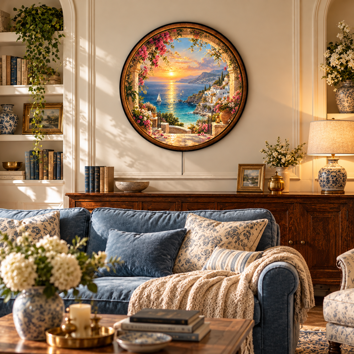 Handcrafted Mediterranean Sunset LED Wall Art – Coastal Village & Bougainvillea Ocean View Decor