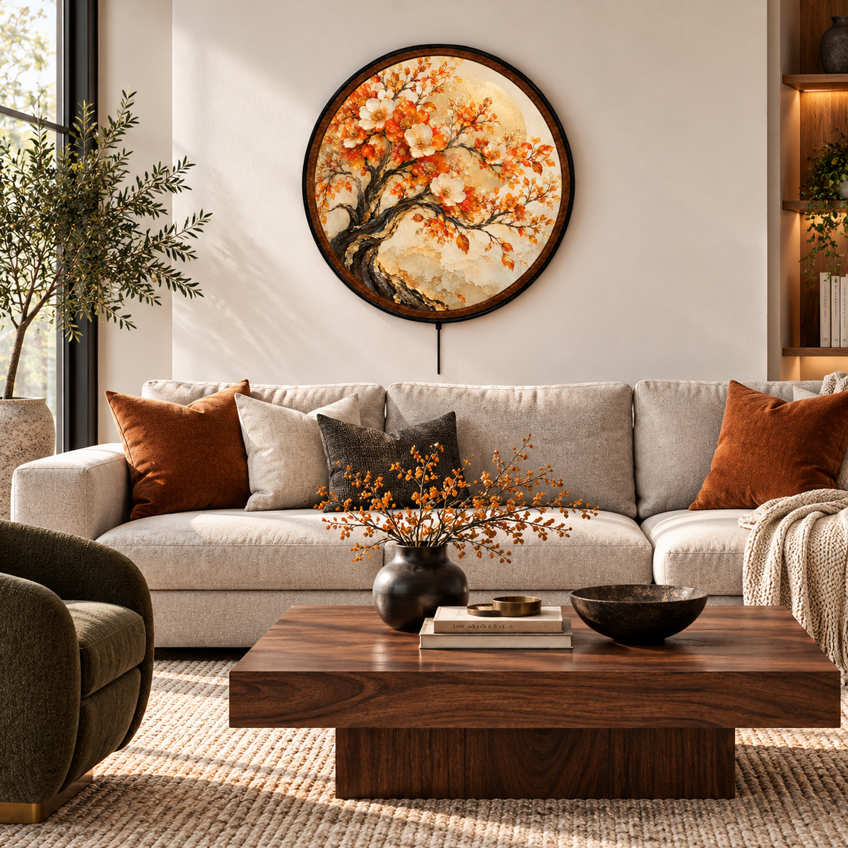 Orange & Ivory Floral Tree with Gold Moon  – Handcrafted LED Wall Art