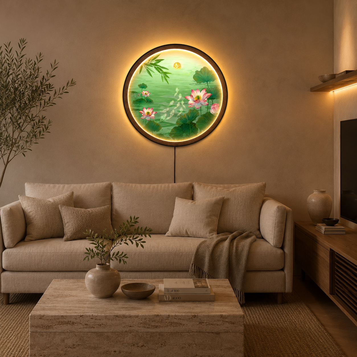 Pink Lotus Pond LED Wall Art - Koi Fish & Moon Round Wall Decor with Backlight