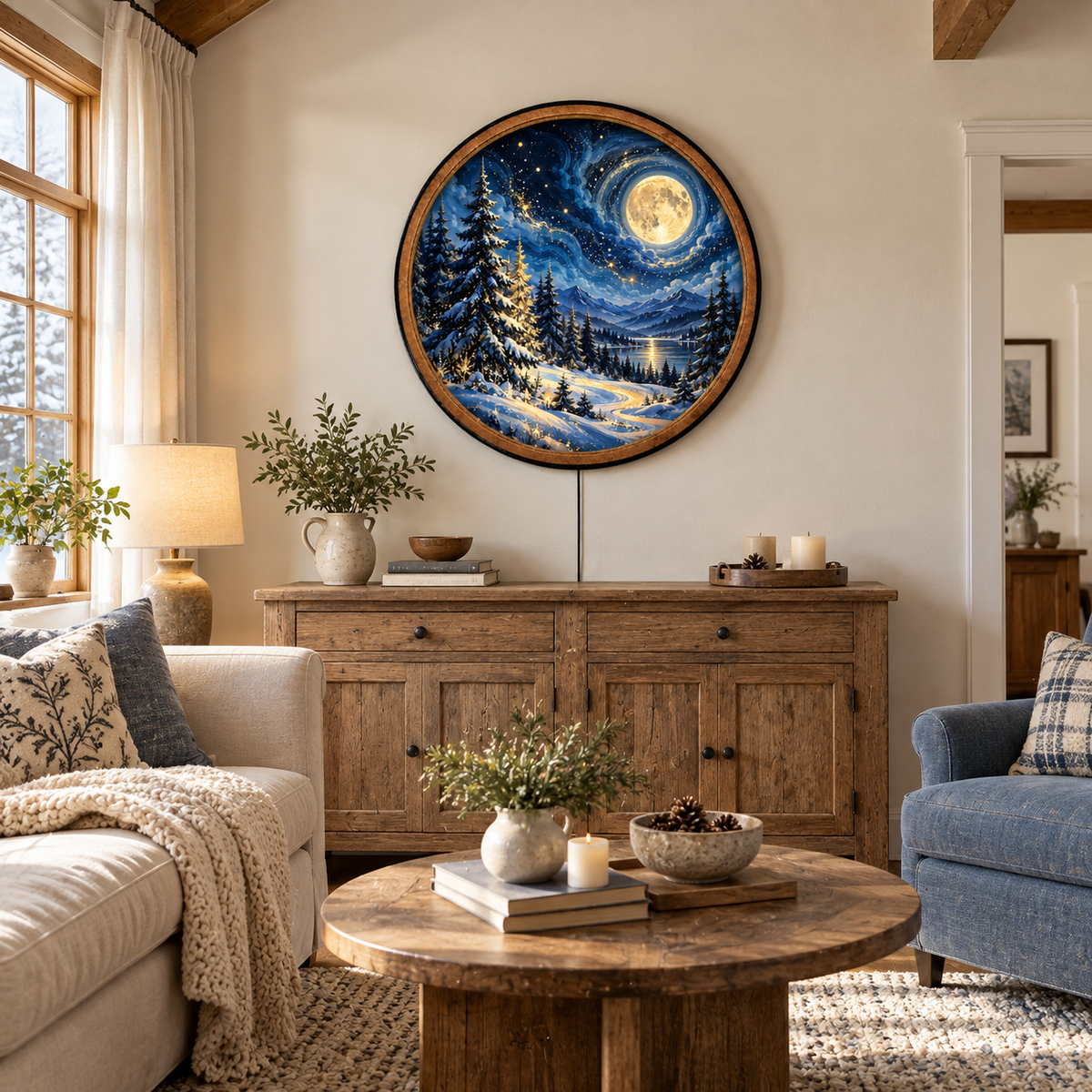 Handcrafted Winter Moon LED Wall Art – Magical Snowy Forest & Golden Full Moon, Enchanted Winter Landscape Decor