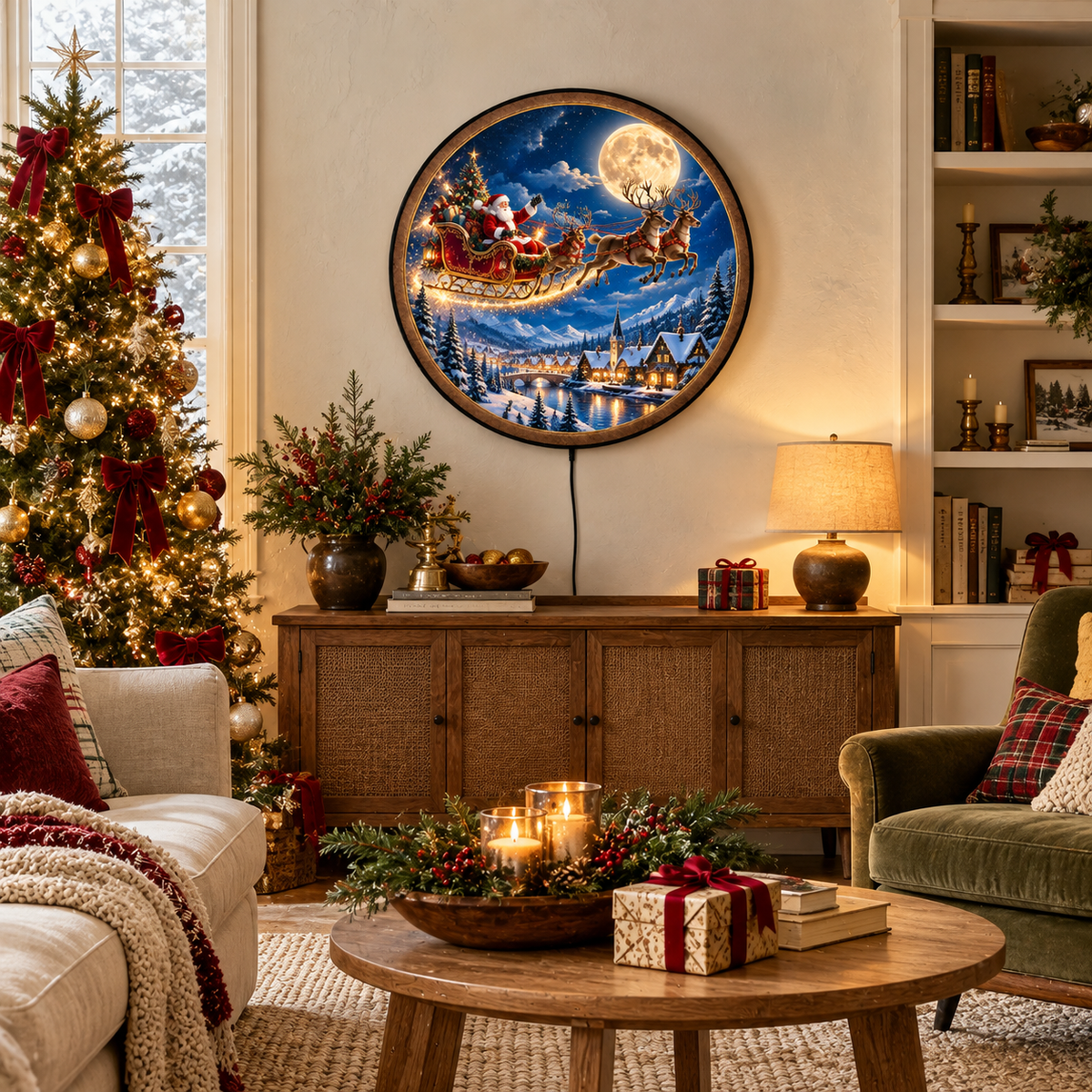 Handcrafted Santa Claus LED Wall Art – Flying Reindeer Sleigh & Magical Christmas Eve