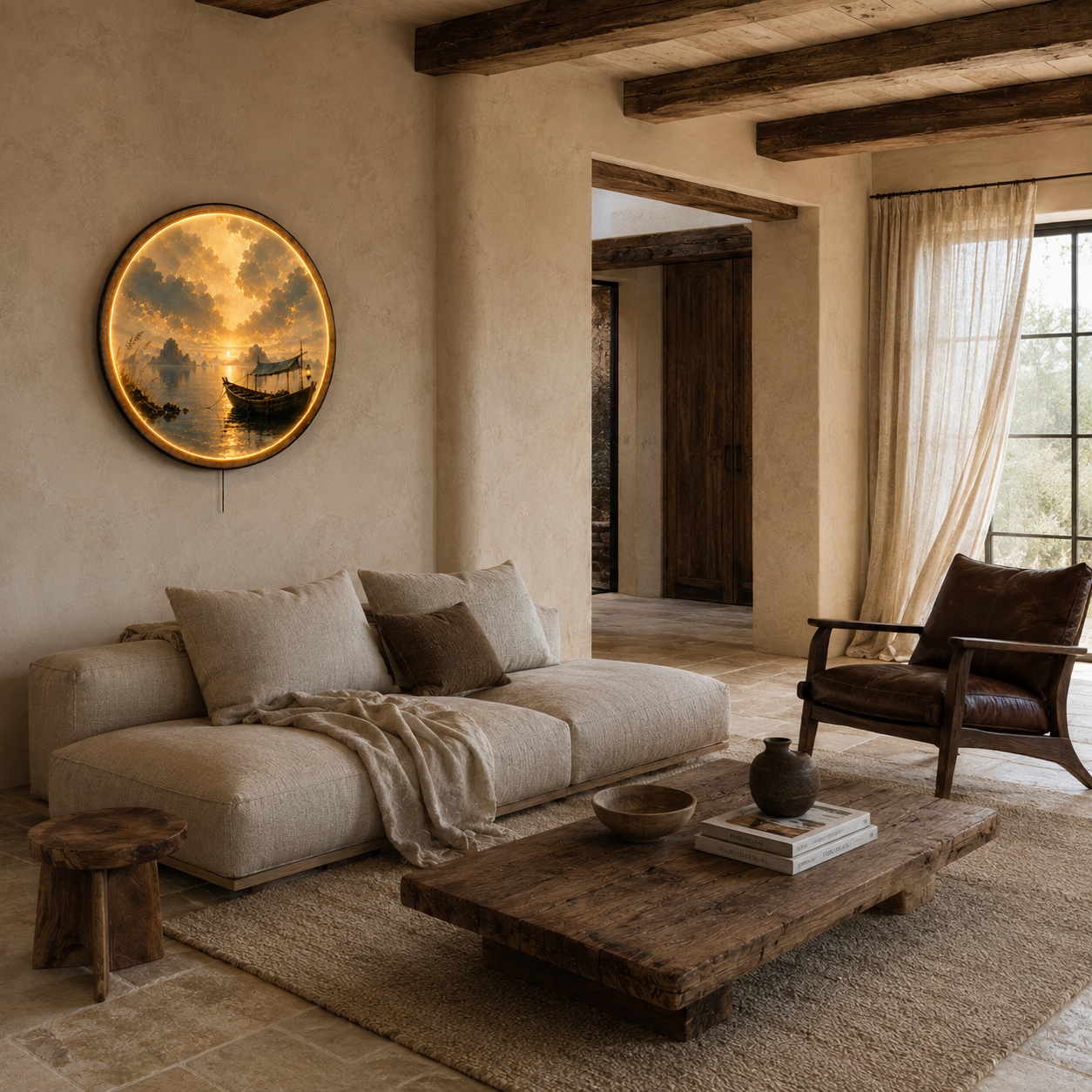 Golden Harbor Boat LED Wall Art – Round Sunset Lake Decor