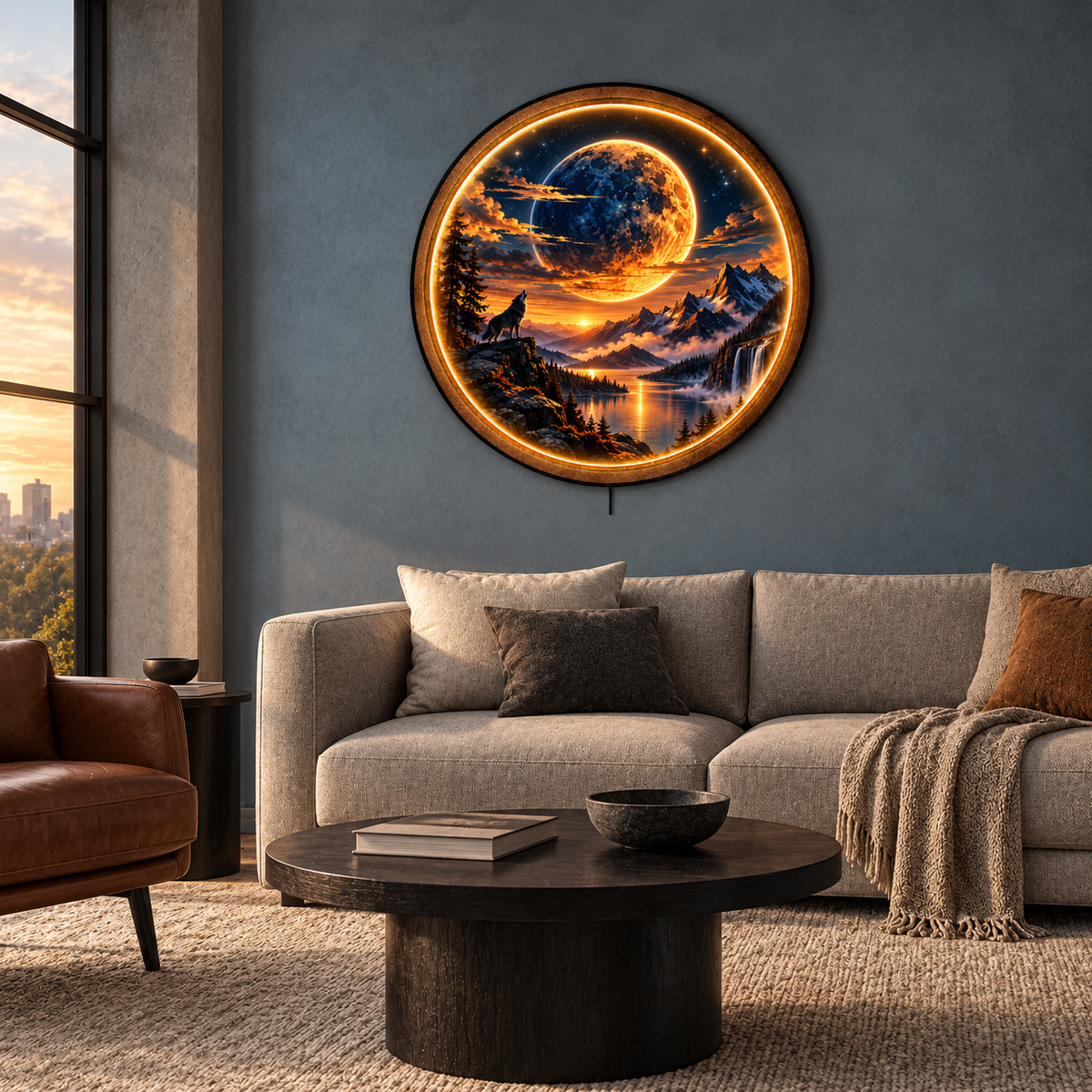 Lunar Wolf LED Wall Art – Moonlit Mountain Wilderness Decor