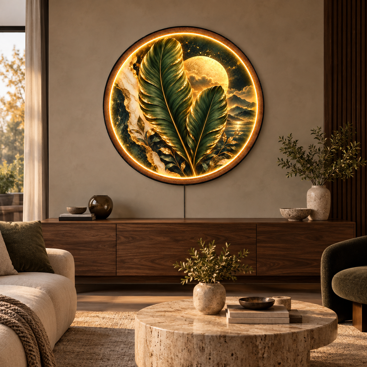 Golden Botanical Moon LED Wall Art – Luxury Leaf Wall Decor