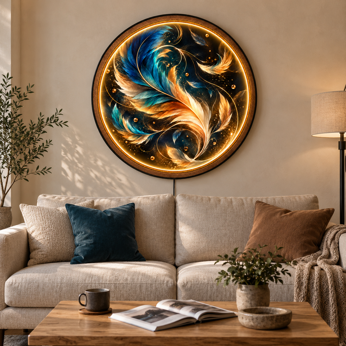 Ethereal Feathers LED Wall Art – Blue & Gold Luxury Decor