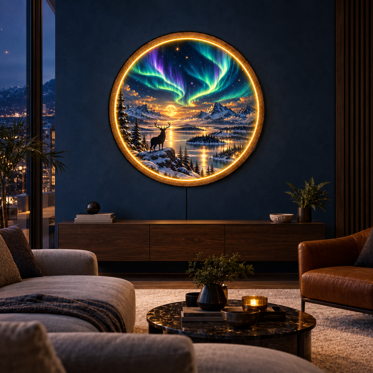 Aurora Stag Moon LED Wall Art – Northern Lights Decor