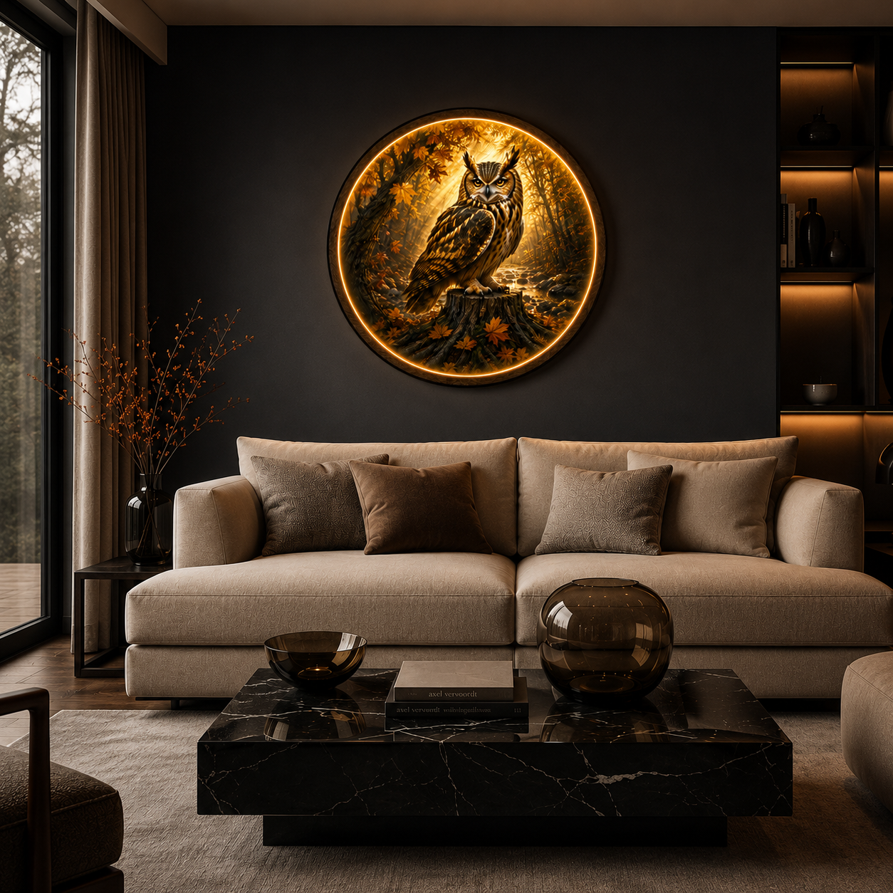 Owl LED Wall Art – Round Illuminated Acrylic Forest Wildlife Decor