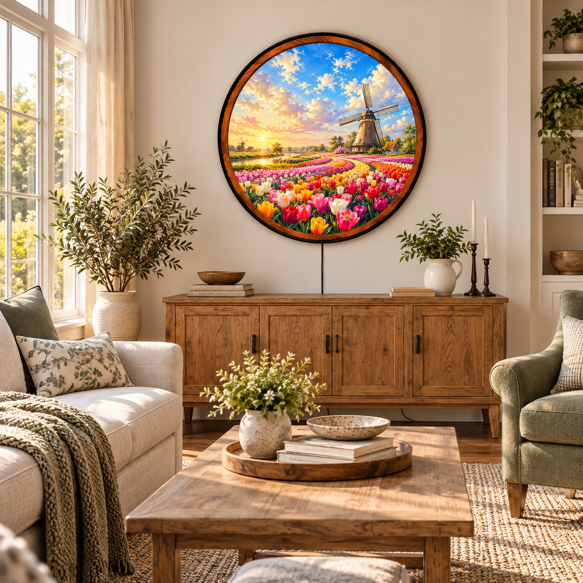 Tulip Fields at Sunset – Handcrafted Round LED Wall Art