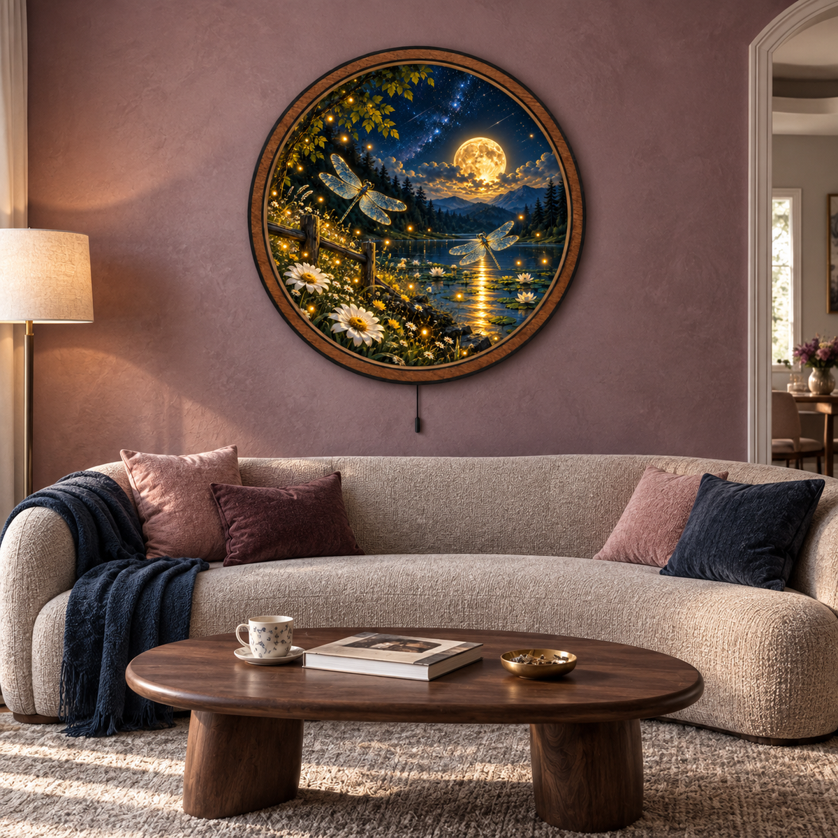 Dragonfly Moon Garden — Golden Night LED Wall Art | Moonlit Lake Decor