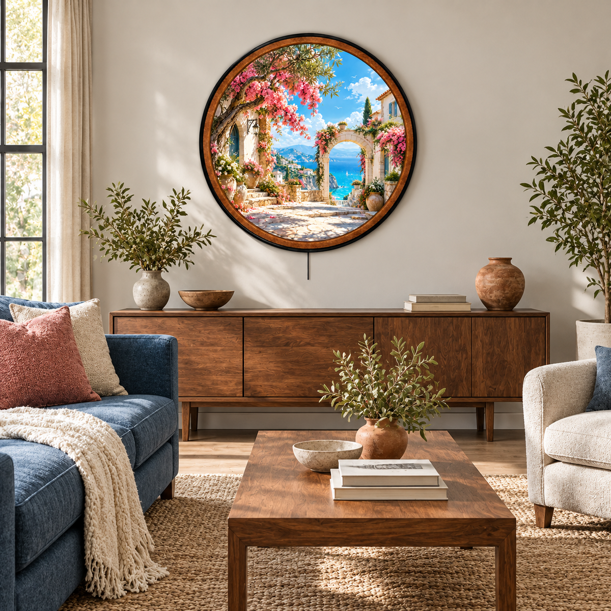 Mediterranean Blossom Escape – Handcrafted Round LED Wall Art