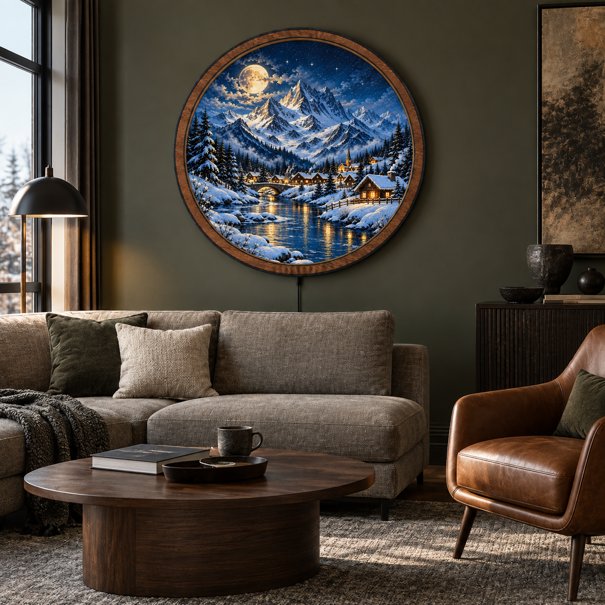 Winterlight Village LED Wall Art – Golden Moon Mountain Retreat