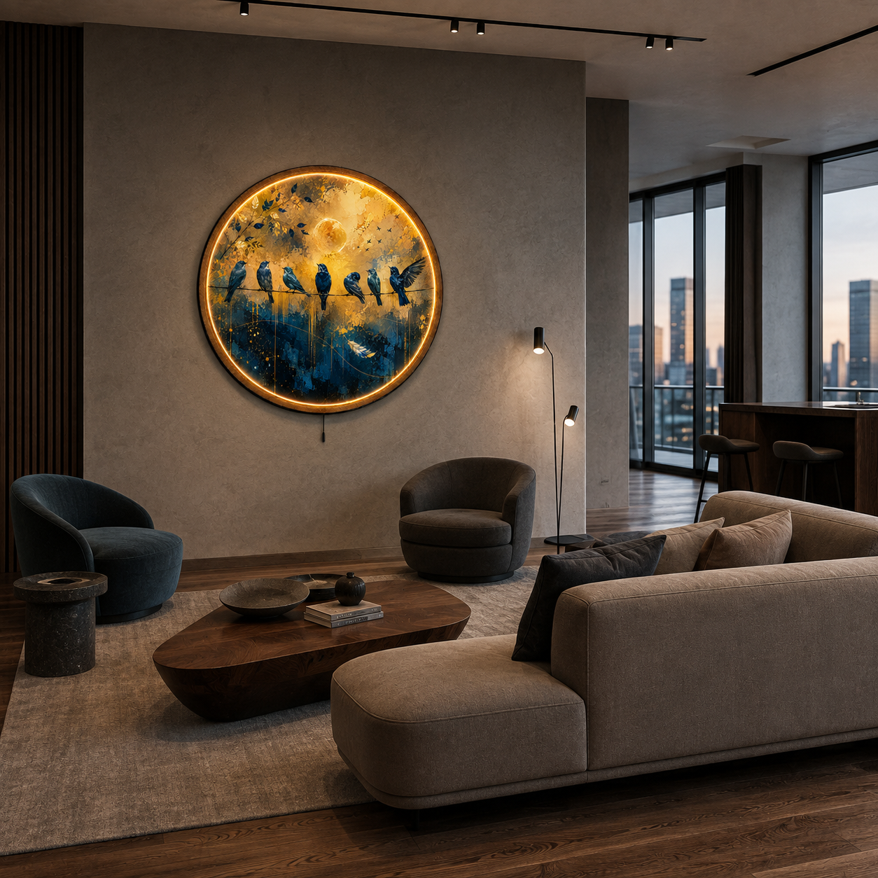 Golden Chorus LED Wall Art – Blue Birds & Golden Moon Decor