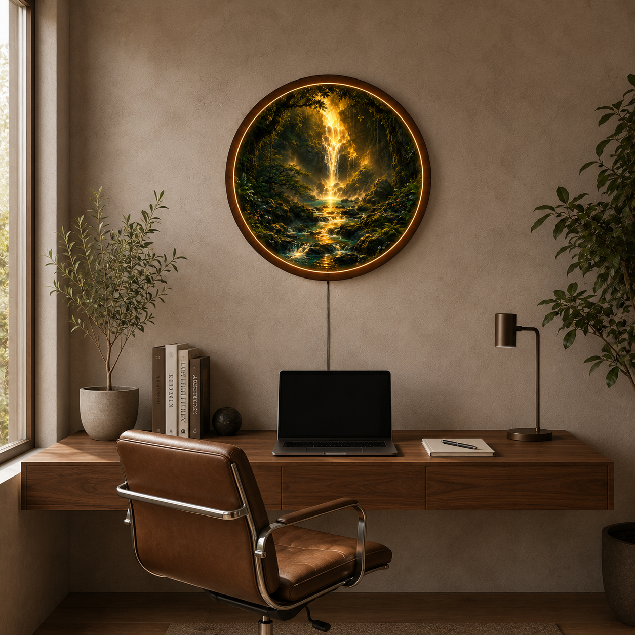 Golden Forest Waterfall LED Wall Art – Round Illuminated Wooden Wall Decor
