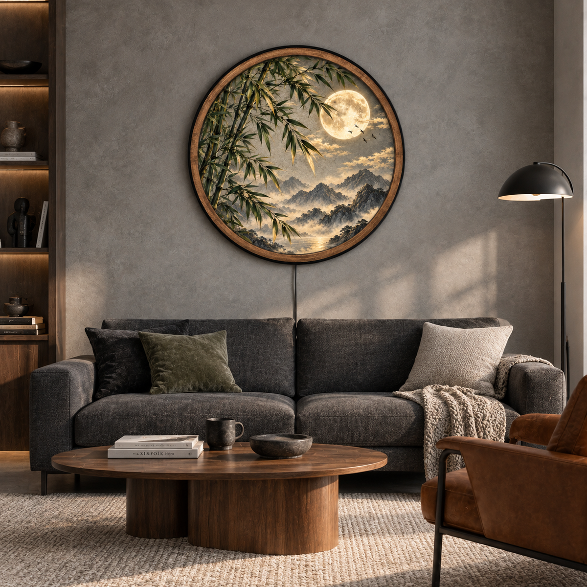 Golden Bamboo Moon LED Wall Art – Mountain Nature Decor