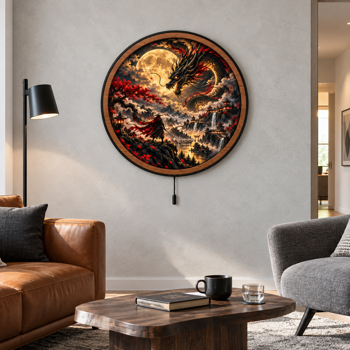 Dragon Moon Samurai – Japanese Fantasy LED Wall Art